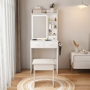 Small Makeup Vanity Desk with Mirror & Adjustable LED Lights,Built-in Power Outlet & Hidden Storage, Includes padded stool & Shelf,Space-Saving Dressing Table for Small Bedrooms