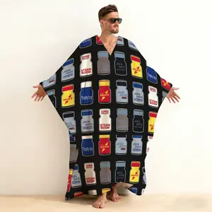 Men's Energy Potion Print V-Neck Plush Pullover Kaftan, Magic Elixir Graphic Fleece Robe, Soft Brushed Cotton Long Sleeve Closed Front Loungewear, Gaming Novelty Sleep Shirt for Men