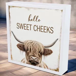 Highland Cow Pattern Wooden Box Sign, Creative Desktop Ornament, Rustic Western Highland Cow Wood Sign, Desktop Frame, Living Room, Cafe, Ideal Holiday Gift, Decor, Rustic Farmhouse Design