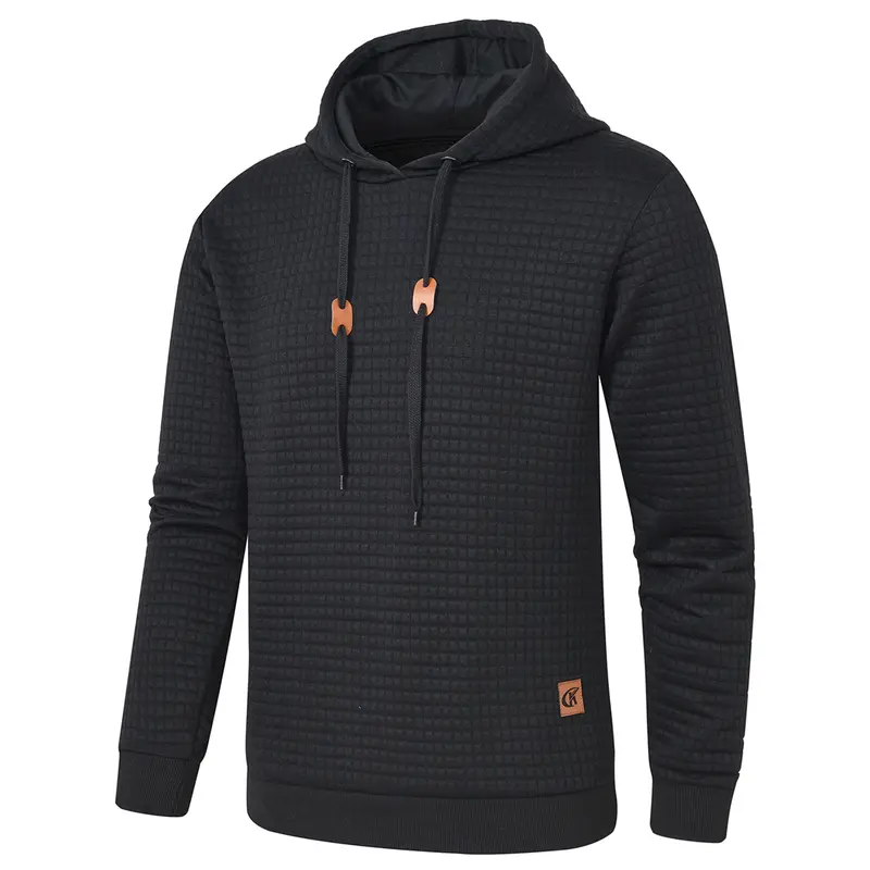 Men's Longsleeves Hooded Pullover Sweatshirt - Athletic Drawstring, Elegant Lightweight, Casual Loose, Plain Plaid Jacquard Knitted Fabric, Soft Breathable Menswear for Outdoor Use, Classic