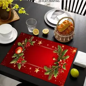 2D flat printing, 2-piece/4-piece/6-piece/8-piece set, Christmas floral printed placemat set, washable kitchen decorative placemat, used for kitchen table decoration, holiday party table decoration, home decoration
