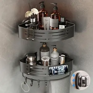 Corner Shower Caddy Suction Cup, 2-Tier Aluminium Bathroom Shelf with 8 Hooks