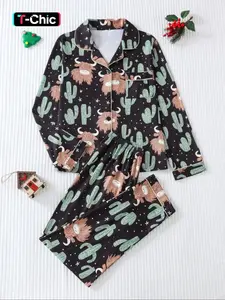 Women's Two-Piece Animal Print Pajama Set, Lightweight Button-Up Long Sleeve Top & Pants, Casual Fitted Sleepwear for Spring Fall