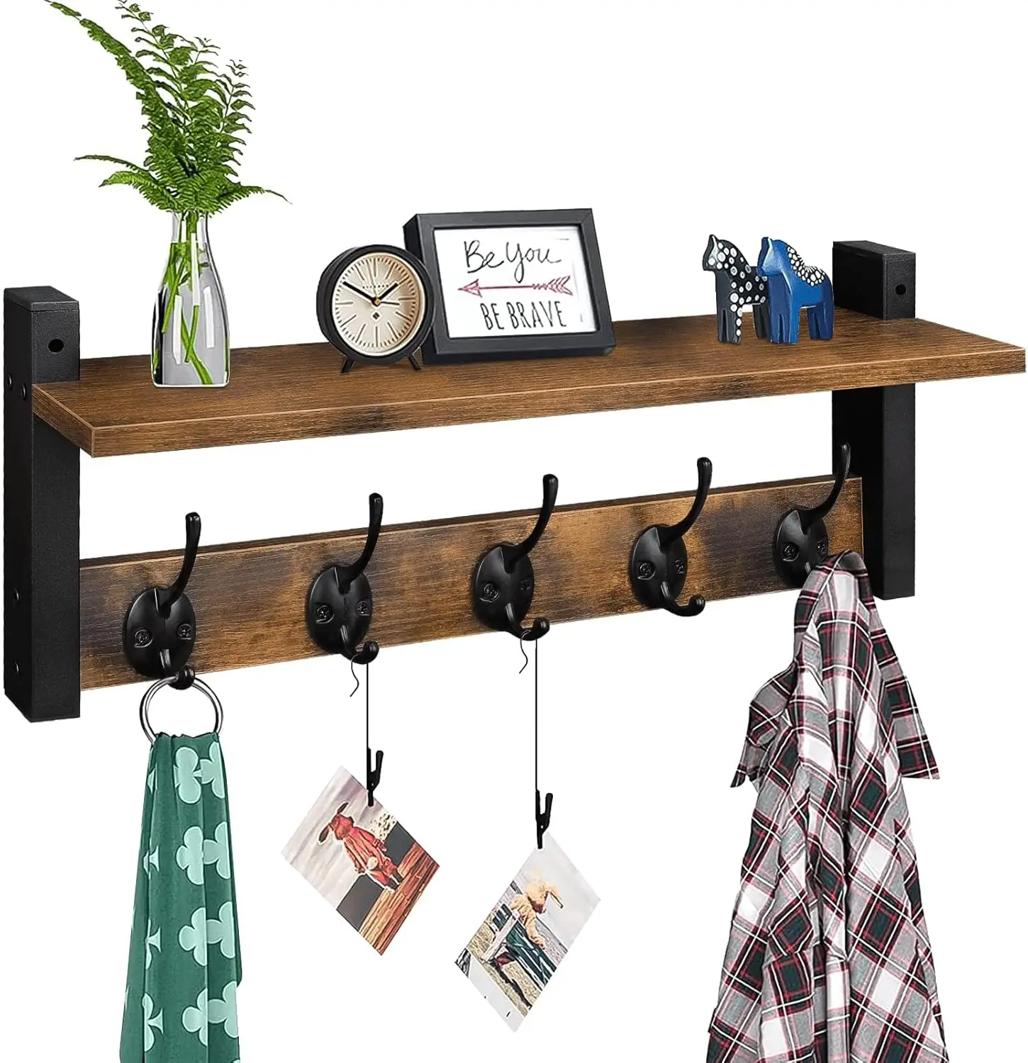 5-Hook Durable Wood and Metal Wall-Mounted Coat & Key Organizer with Shelf, Multifunctional Home Supplies Hooks & Shelves for Entryway Mail Storage, Kitchen, Living Room Room Decor