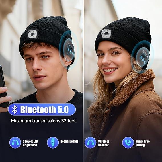 Bluetooth Beanie with a Light, Unisex USB Rechargeable 4 LED Fashlight Hat with Cordless Headphones, Unique Christmas Birthday Gifts for Men Him Husband Teen Black