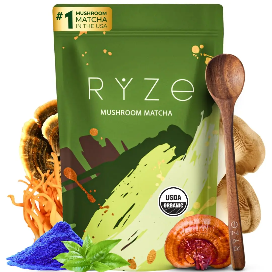 RYZE Organic Mushroom Matcha with 6 Adaptogenic Mushrooms and L Theanine, Ceremonial Grade Matcha, Blue Spirulina, Supports Energy, Focus & Immunity, Gluten Free, Vegan, 30 Servings