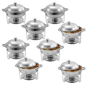 8 Pack 6QT Round Chafing Dish Buffet Set , Stainless Steel Food Warmer Kit with Lids, Food Pans, Water Pan and Fuel Holders for Restaurant Catering Parties Weddings