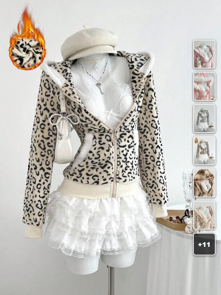 VYNCE Brown Gradient Deer Print Fleece Zip-Up Hooded Jacket Regular Fit Warm Autumn Winter Outerwear