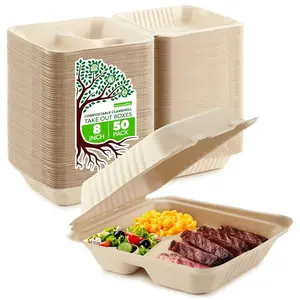 Bagasse Clamshell Takeout Containers, Biodegradable Eco Friendly Take Out to Go Food Containers with Lids (8x8) 50 Count