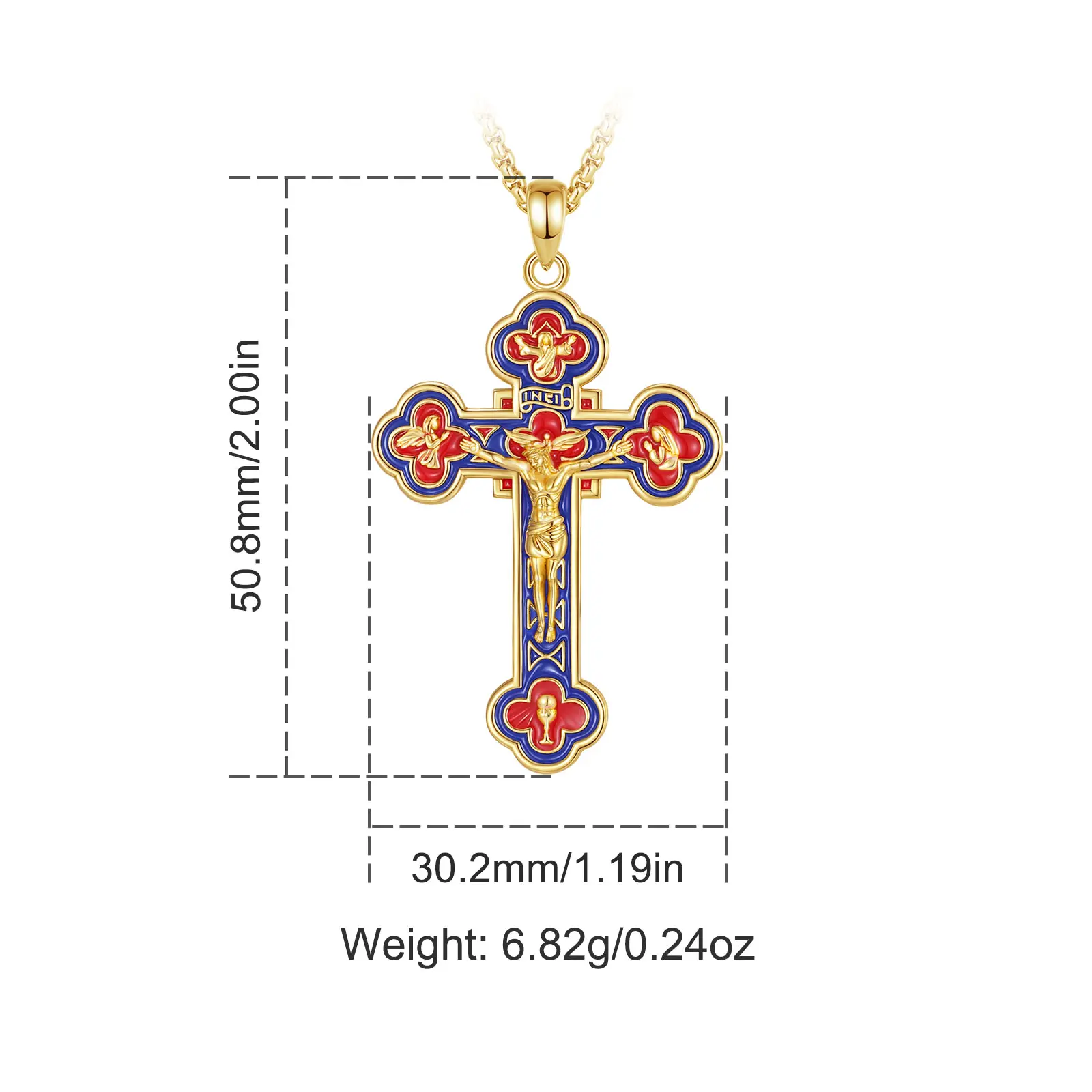 Gold Enamel Craft Crucifix 24'' Box & Rope Chain