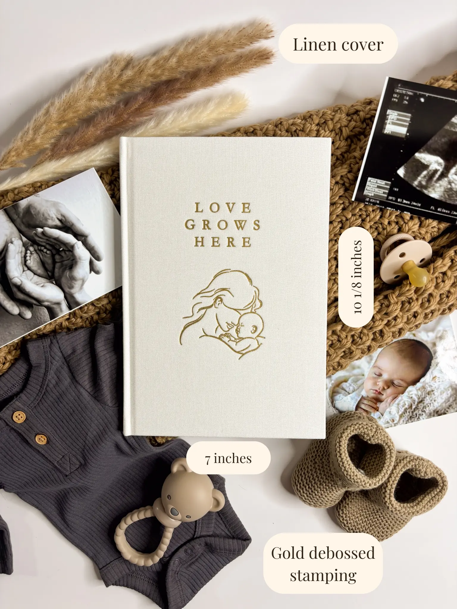 Linen Pregnancy Journal and Baby Memory Book (0-5 Years) - Gender Neutral - Minimalist - The Milestone Book from Pregnancy to 5 Years