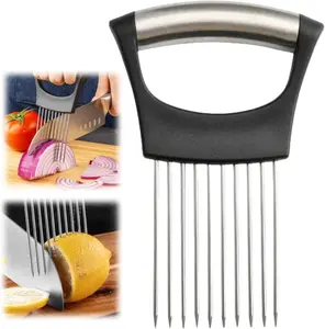Food Grade 304 Stainless Steel Onion Slice Holder & Lemon Slicer Vegetable Cutter Chopper Slicing Assistant Tool for Meat Onion Potato Tomato Home Kitchen Tools 1 PCS