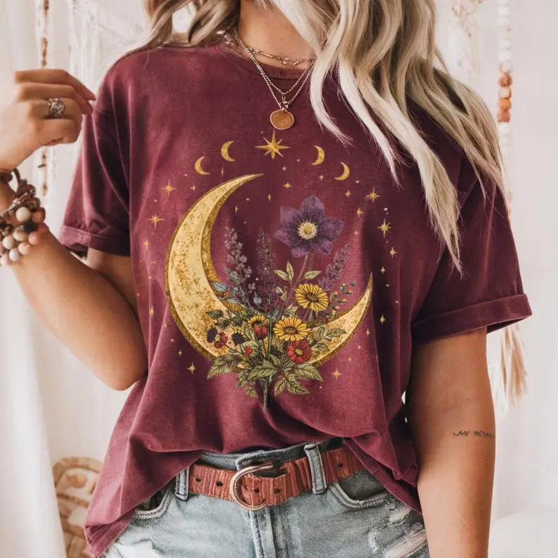 Comfort Colors Boho Celestial Moon Spiritual Floral T-Shirt, Mystical Bohemian Graphic Tee, Spiritual Nature TShirt, Moon Lover Gift