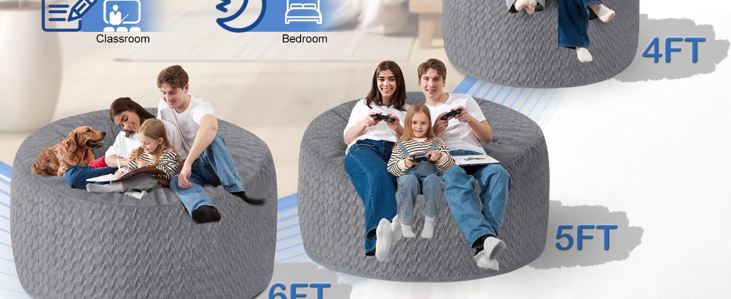 3FT Bean Bag Chair,Giant Bean Bag Chairs for Adults,Big Bean Bags with Memory Foam Filled, Large Beanbag Chairs with Chevron Plush Cover-Grey