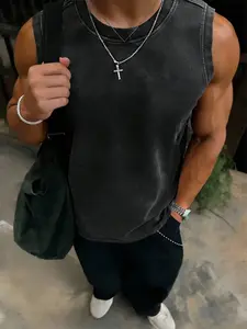 Men's Vintage Loose Black Tank Top, Sleeveless Crew Neck Sports Top, Suitable For Workout And Daily Wear