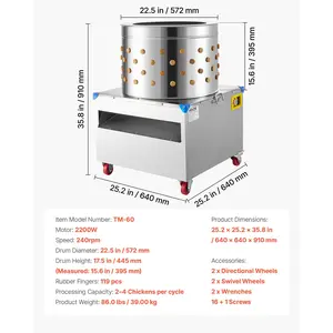 VEVOR Chicken Plucker Machine, 23.6 in Drum, 2200W 240RPM Electric Chicken Plucking Machine with 119 Soft Fingers Transport Wheels, Stainless Steel Feather Remover for Processing 2-4 Chicks Once