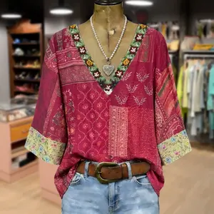 Cherrybetty 100% Cotton Mixed Floral Print Embroidered V-Neck Blouse Spring Fashion Tiktok Shop Spring Glow Up Going Out Tops Comfort Elegant Outfits