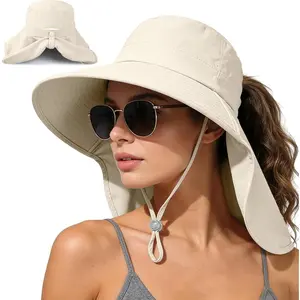 Sun Hats for Women with Neck Flap Ponytail Hole Women Sun Hats Rollable UV Protection Fishing Hats Wide Brim UPF 50+