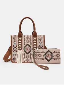 Boho Style Embroidered Tassel Tote Bag & Clutch Bag, Fashionable Shoulder Crossbody Bag & Wristlet, Casual Versatile Vacation Travel Bag Set for Women, Boho Aztec Purse