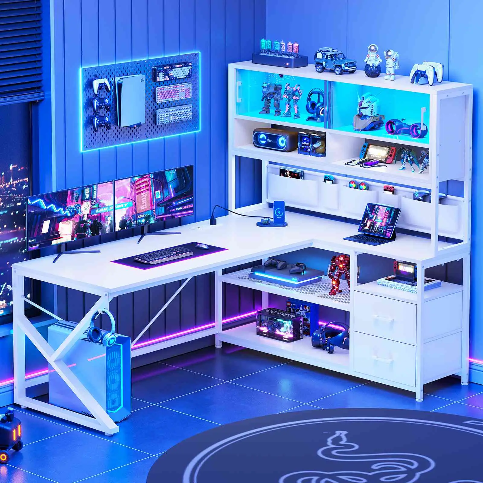 SEDETA LED L-Shaped Gaming Desk with Storage for Home Office Game Table with LED Lights, Glass Cabinet Furniture Shelves Modern Organizer，Large Comput