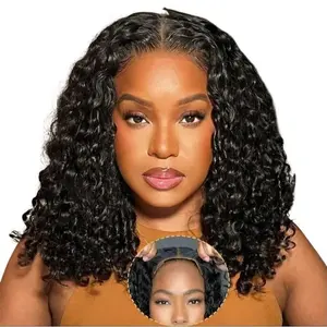 Short Bob Glueless Wigs Ready To Wear Water Wave Curly Wigs Human Hair Wet and Wave 4x4 HD Lace Closure Wig For Women Pre Plucked 180% Density Natural Looking