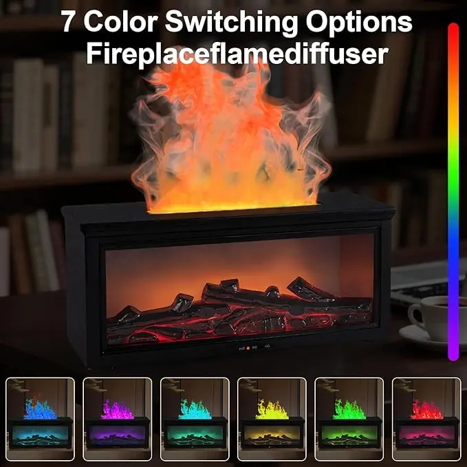 EmberGlow 3D Fireplace Flame Aromatherapy Diffuser Humidifier - 7-Color Flame Effect, Remote Control, Auto-Off Timer - for Bedroom, Home Office Black, Aromatherapy Diffusers, Aromatherapy Humidifier