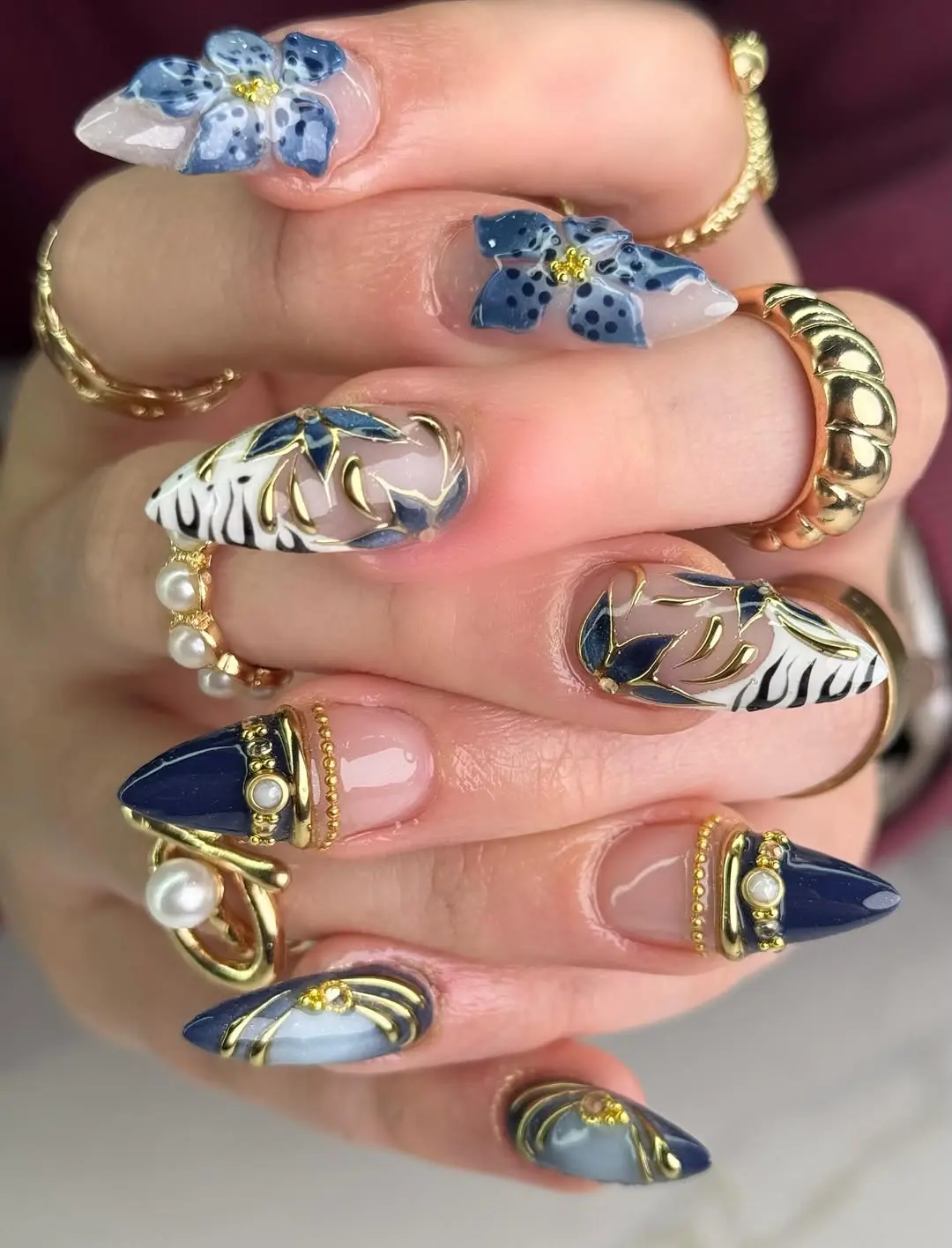 Julina Beauty | Royal Blue 3D Flower Press On Nails – Luxury Gold French Stiletto Nails