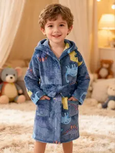 Boys' Hooded Sleepwear Set, Cartoon Dinosaur Pattern Design, Soft Polyester Fleece Material, Long Sleeve & Pocket Detail, Ages 6m-7y, Hooded Pajamas