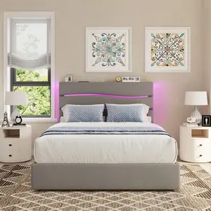 CollaredEagle Queen Bed Frame with Headboard and 4 Storage Drawers, Queen Bed Frame with Fabric Upholstered Headboard and Wooden Slats Support, Built in Charging Station & LED, No Box Spring Needed