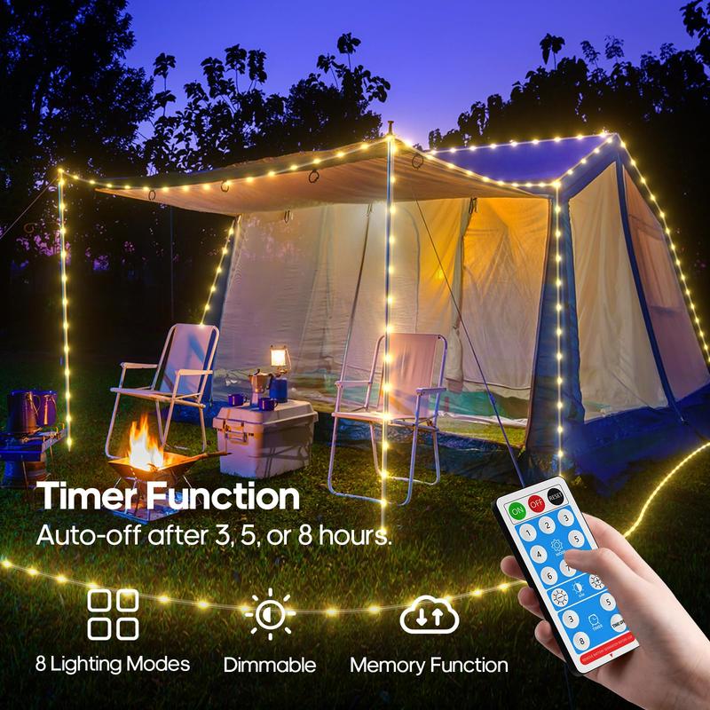 IP68 Solar Rope String Lights Outdoor with Remote, 10M 300LED Warm White Fairy Lights, 3-Wire Flat Cable, Timer Function, Solar-Powered Decorative Lights for Garden Patio Porch Pool