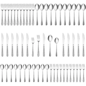 HaWare Hammered Silverware Set 60-Piece Stainless Steel Flatware Set Serving for 12 Food-Grade Tableware Cutlery Set Durable Eating Utensil Sets for Home Restaurant Mirror Polish Dishwasher Safe