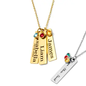 JEXIVA Personalized Birthstone Name Necklace Custom Engraved Stainless Steel Pendant with 1 to 4 Name Bars Gold & Gold PVD Plated Non-Tarnish Adjustable Chain Gift for Her Mom Dad