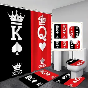Creative Poker Card Bathroom Decor Set, King & Queen Design, Waterproof Shower Curtain, Bath Mat, Toilet Seat Cover, Christmas Gift, Shower Curtain Sets