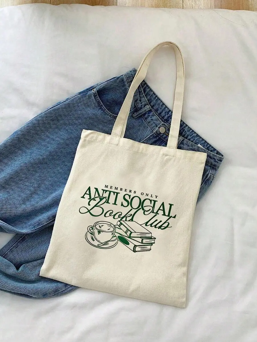 Women's Anti-Social Book Club Canvas Tote Bag - Book Motif Design with Green Text Graphics, Stylish Casual Shoulder Bag for Everyday, Shopping Use, Book Motif Women's Tote Bags