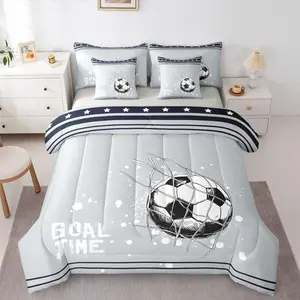 Soccer Goal Bed in A Bag for Boys,Football City Comforter Set with Sheets Sports Ball Game 7 Piece Bedding Set,Geometric Stars Striped Bed Set,for Kids Teens Adult Youth Bedroom
