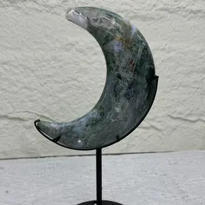 moss agate moon carving with black stand