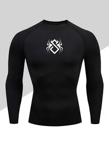Men's Fitted Athletic Crew Neck Long Sleeve T-Shirt, Quick-Dry Sports Shirt with Pattern, Elastic Polyester Blend Fabric, Ideal for Gym Running Workout Casual Wear
