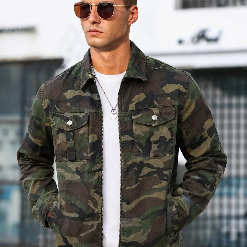 Men's Camo Denim Trucker Jacket Zip Front Military Utility Coat with 2 Flap Pockets, Fall Casual Streetwear Cotton Twill Metallic Print Outerwear, Machine Washable, Denim Jacket