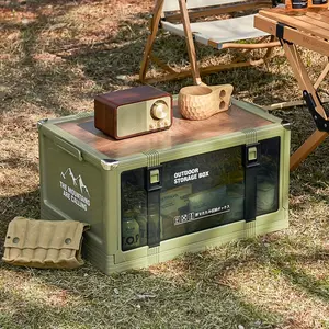 Folding Storage Box With Wood Lid | Convertible Seat, Collapsible Organizer For Under Bed, Camping Gear, Car Trunk - Portable Stackable Design For Camping, Outdoor, Home, Garage (Multi-Function Storage Bin)