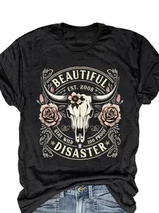Women's Retro Western Style Pattern T-shirt - Black Cow Skull & Floral Printed Letter Short Sleeve Crew Neck Summer Casual Top, Loose-fit, Non-sheer Fabric