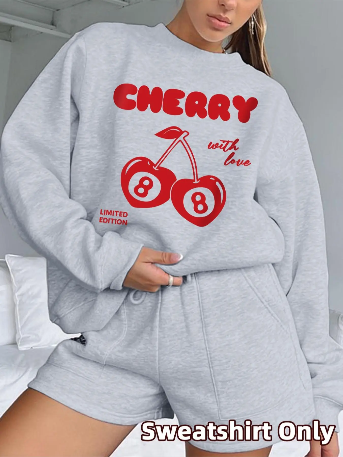Women's Cherry & Letter Print Drop Shoulder Sweatshirt Tops, Casual Long Sleeve Round Neck Pullover for Fall & Winter, Ladies Clothes for Daily Wear, Funny Relatable Sweatshirt