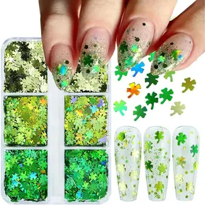 6Grids St. Patrick's Day Nail Art Glitter Sequins Kit - 3D Clover Nail Sequins Nail Stickers Decal Green Shamrock Irish Luck Shaped Design Holographic Flakes DIY St. Patrick's Day Manicure Accessories