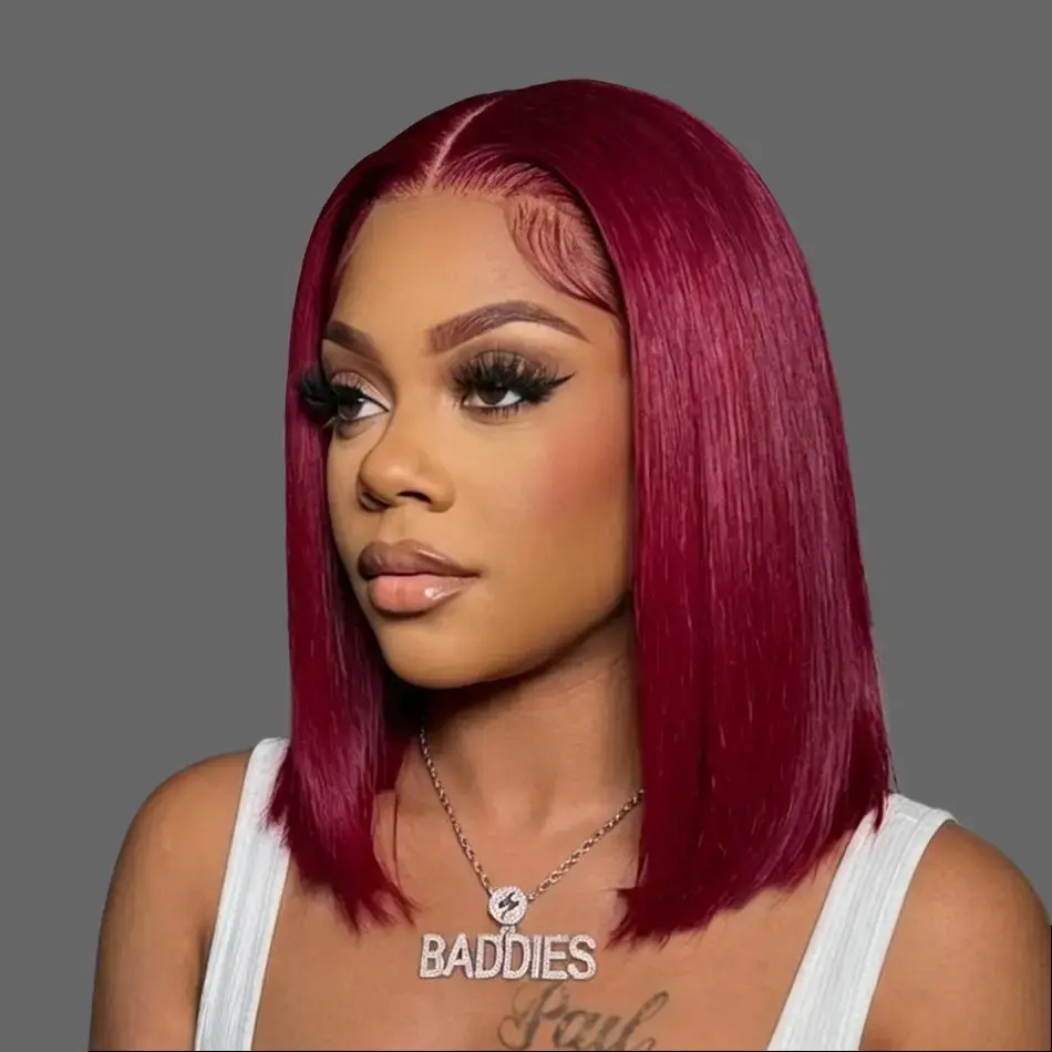 Glueless Short Bob Wig Red Burgundy 99J 13x4 HD Lace Front Wig 100% Vietnamese Human Hair Wigs For Women Transparent Lace Frontal Wig Bone Straight Bob Wig Colored Human Hair Wigs Pre Plucked Middle Part