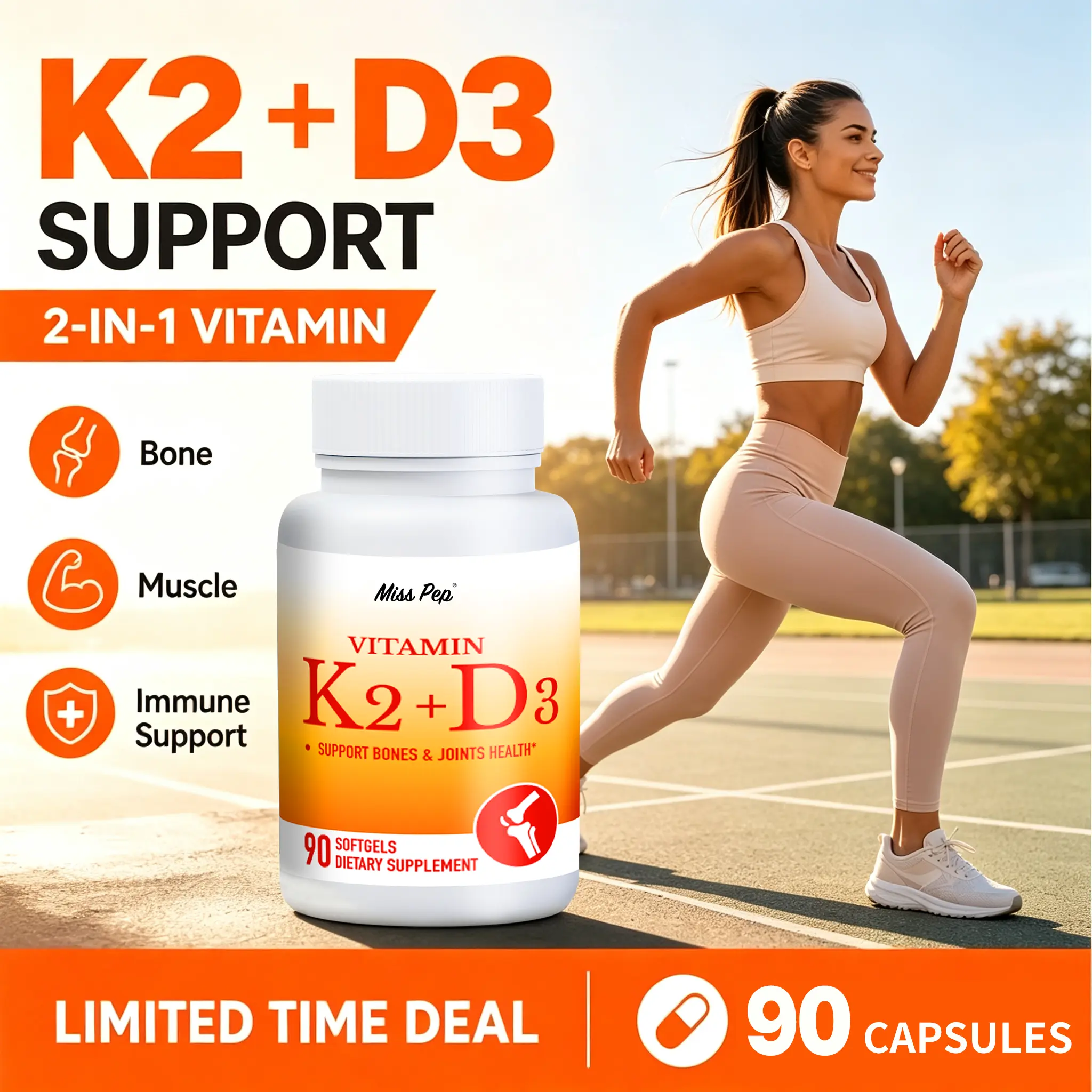 Misspep Vitamin K2 D3 Daily Nutritional Supplement, 5000 IU, 90 Softgels - Bone & Heart Support - Prop 65 Safe for Men & Women