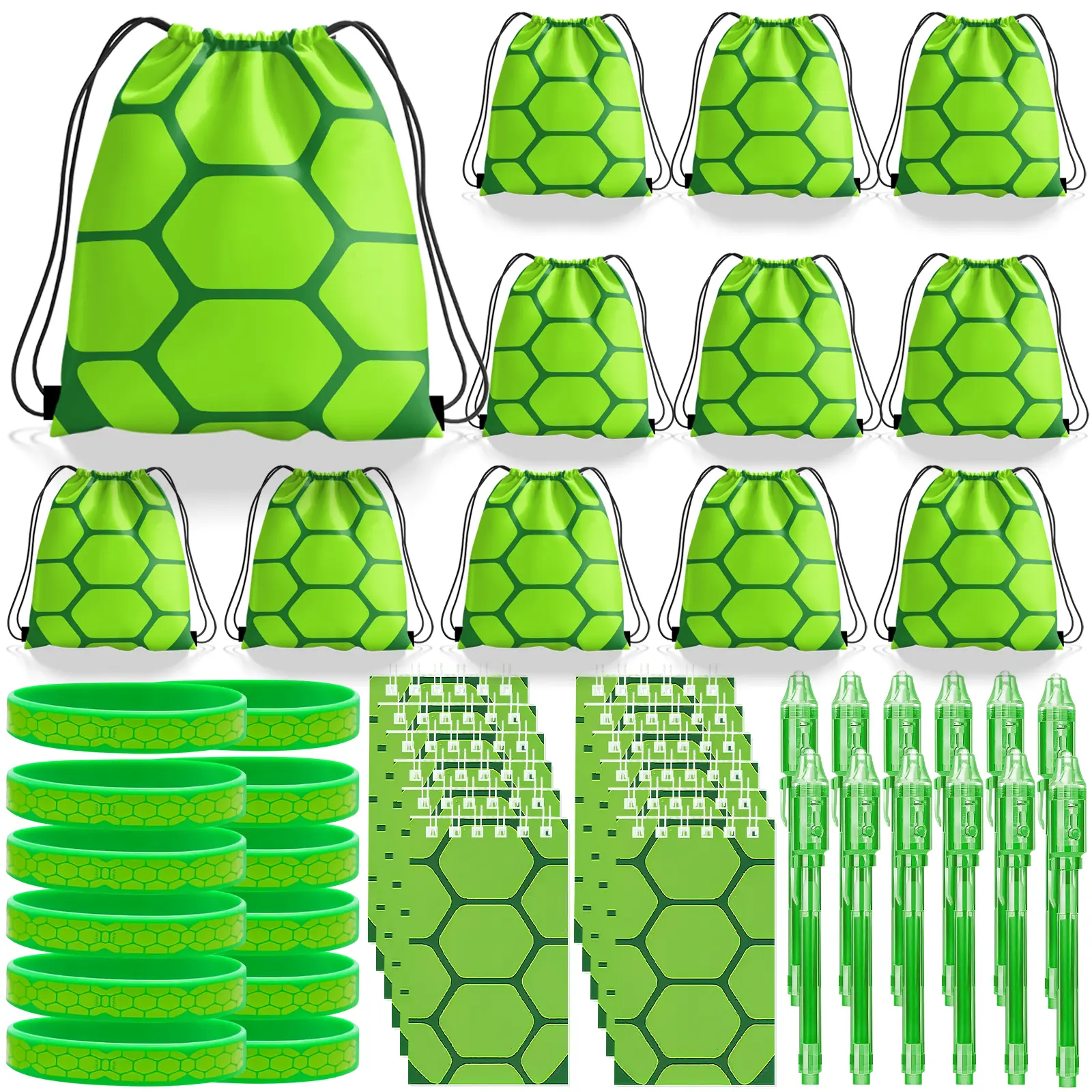 Green Turtle Theme Party Favor Set, Festive Birthday Goodie Bag Stuffer Gifts with Drawstring Bags, Notebooks, Silicone Bracelets, Highlighters (Pack Inclusive)