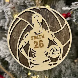 Personalized Custom Engraved All Wood Volleyball Spotlight Ornament. Handmade Keepsake Item-Christmas Wooden Decoration Gift Decor