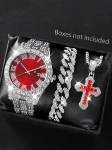 Men's Stylish Quartz Watch, With necklace & Bracelet, Fashionable Jewelry Set, Fashion Watch For Party, Daily Decor, Trendy All-Match & Exquite Watch For Birthday, Anniversary, Halloween, Holiday Gifts