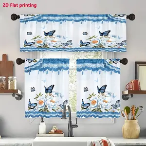 SoftHaven Home 3-Piece Kitchen Curtain Valance Set - Made in USA, 2D Flat, Elegant Blue Butterfly Floral Printed Polyester, Rod Pocket, Light Filtering, Privacy Protection, Decorative Drapes for Kitchen, Living Room