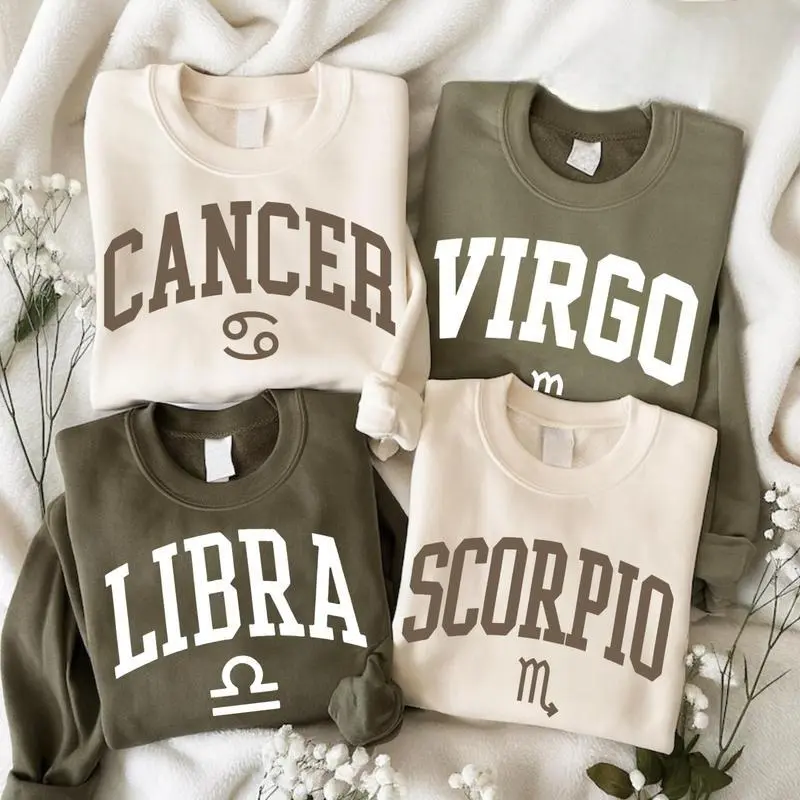 Minimalist Zodiac Sweatshirt – Astrology Sign Crewneck for Men and Women, LIBRA, CANCER, VIRGO, SCORPIO Cozy Horoscope Pullover with Bold College Letter Design, Perfect Gift for Zodiac Lovers - AG