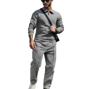Men's Textured Co-ord Set - Urban Smart Casual Vibe Beige Grey Long Sleeve V-Neck Top & Matching Pants 2-Piece Set for Men's Wear